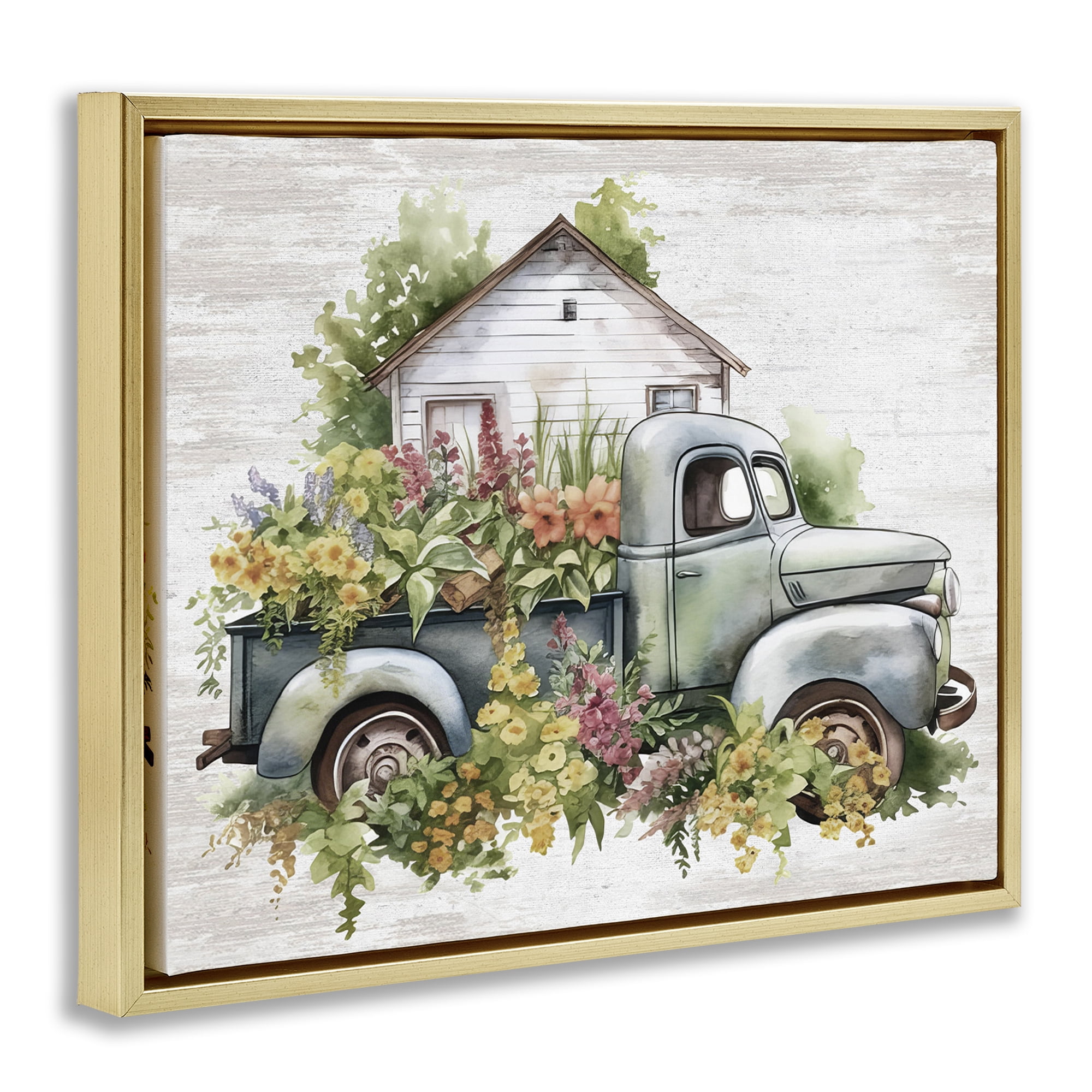 Stupell Industries Country Floral Truck Transportation Painting Gold Floater Framed Canvas Art Print Wall Art, 31 x 25