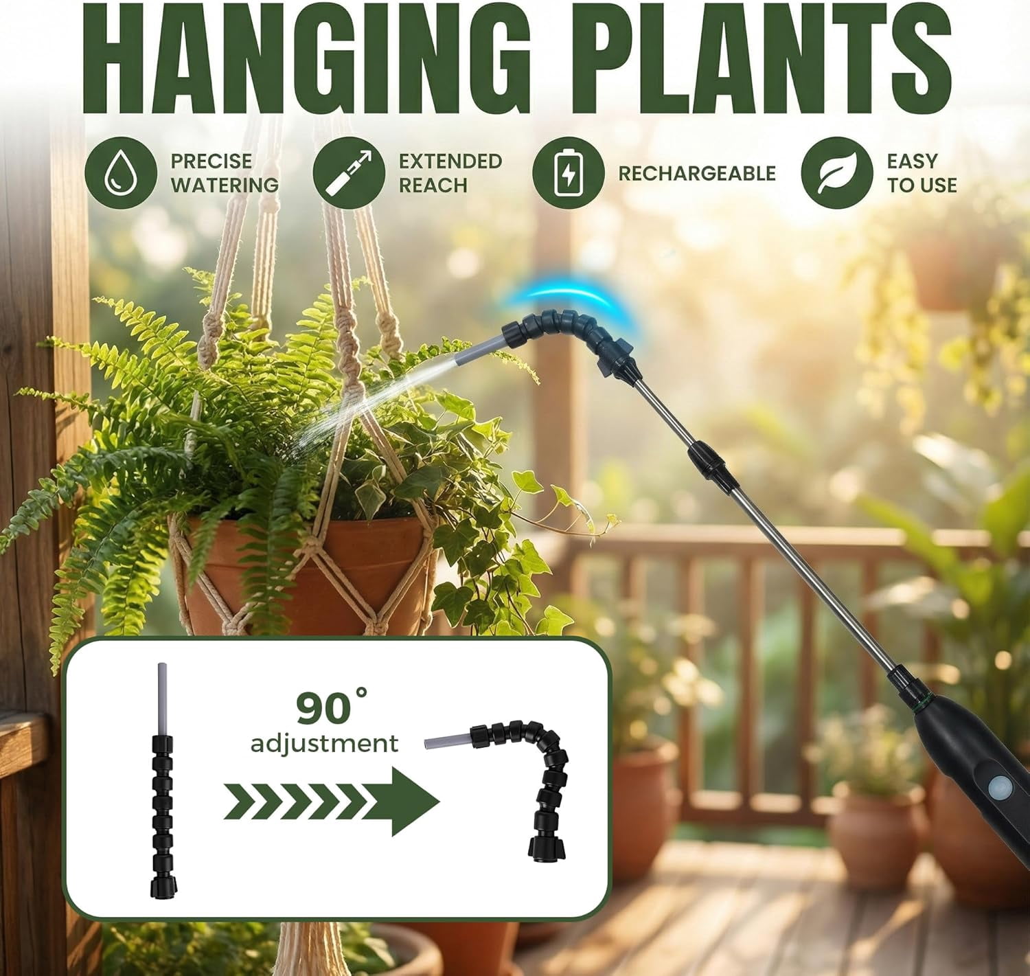 Rechargeable Cordless High Reach Plant Waterer with 25.6–33.4 in Telescopic Wand, 2 Adjustable Nozzles & 8.6ft Water Hose - Ideal for Hanging Plant Baskets, Yard, Lawn, Weeds and Potted Plants