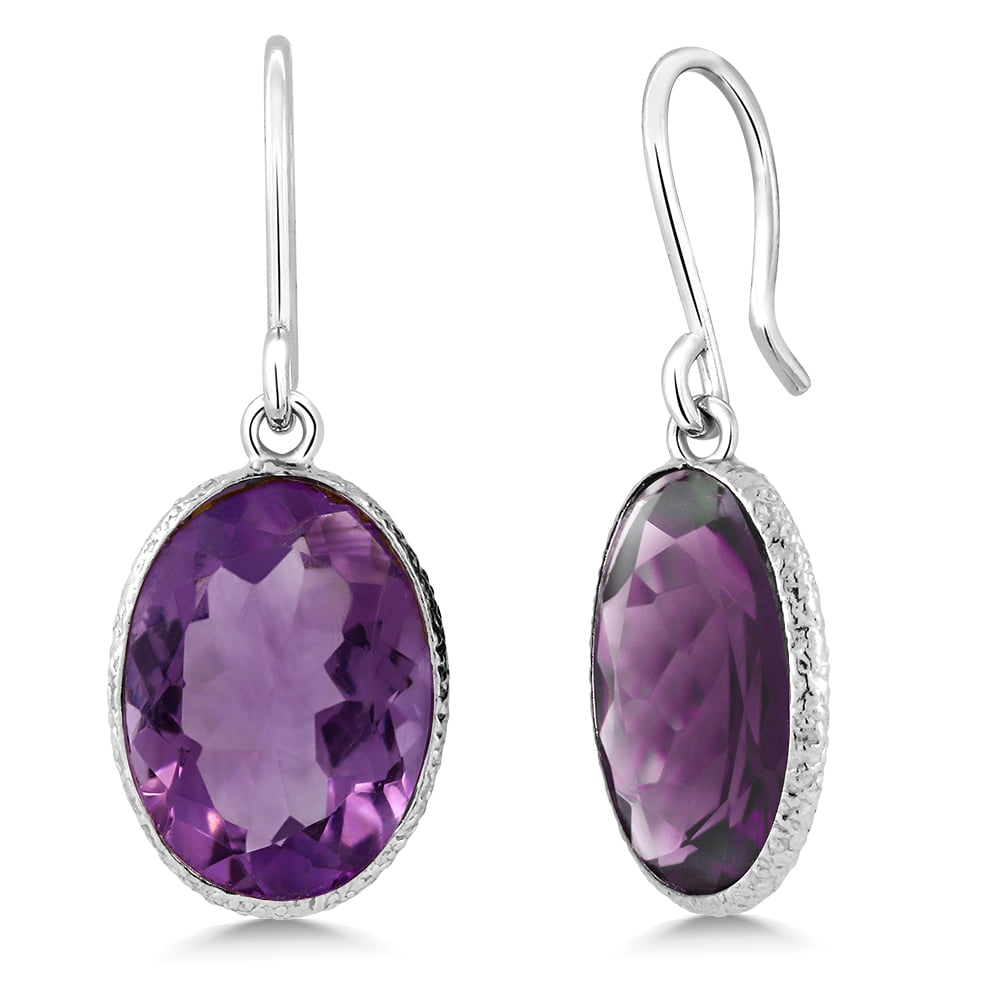 Gem Stone King 925 Sterling Silver Purple Amethyst Gemstone Birthstone Dangle Earrings for Women (10.00 Cttw, Gemstone Birthstone, 10X14MM Oval Shape)