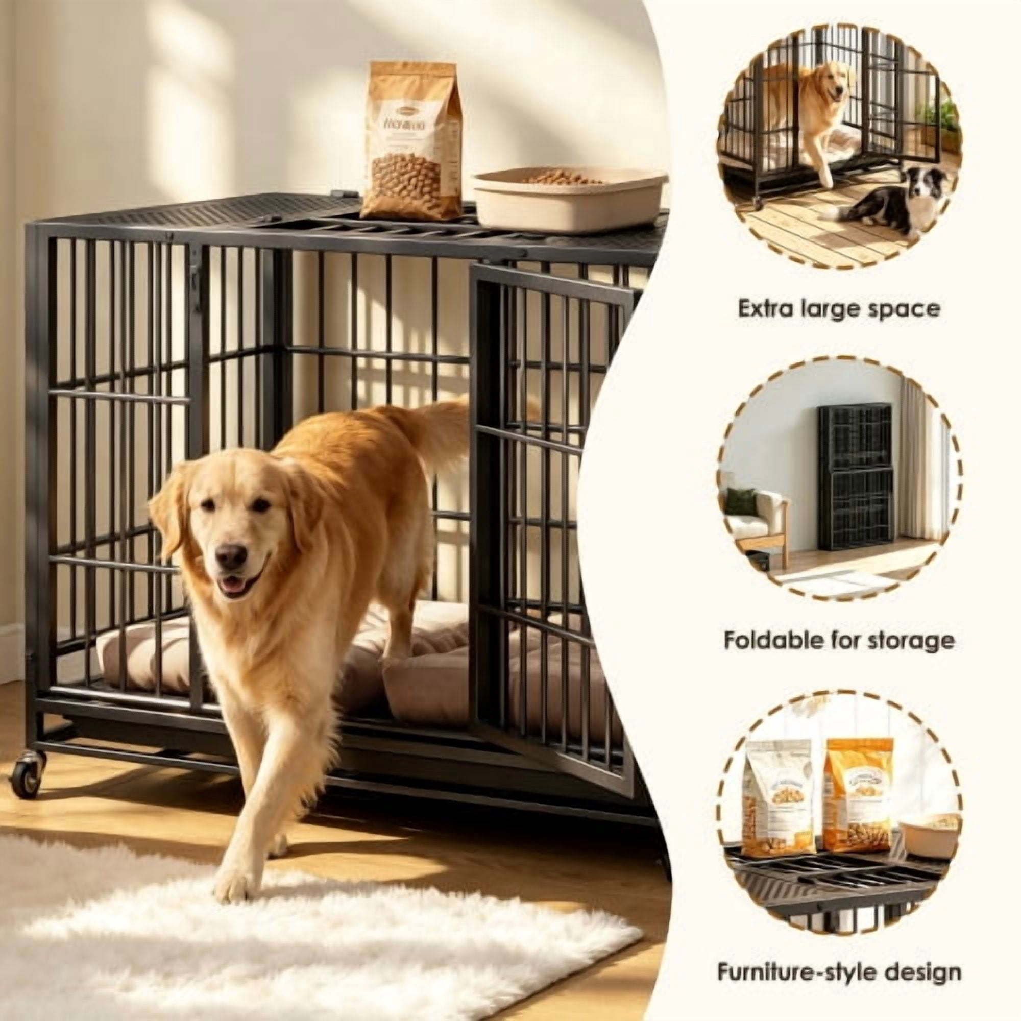 47.2" Heavy Duty Mobile Dog Crate with Lockable Wheels & Rotary Twist-Latch, Indoor/Outdoor Metal Pet Kennel with Perforated Top