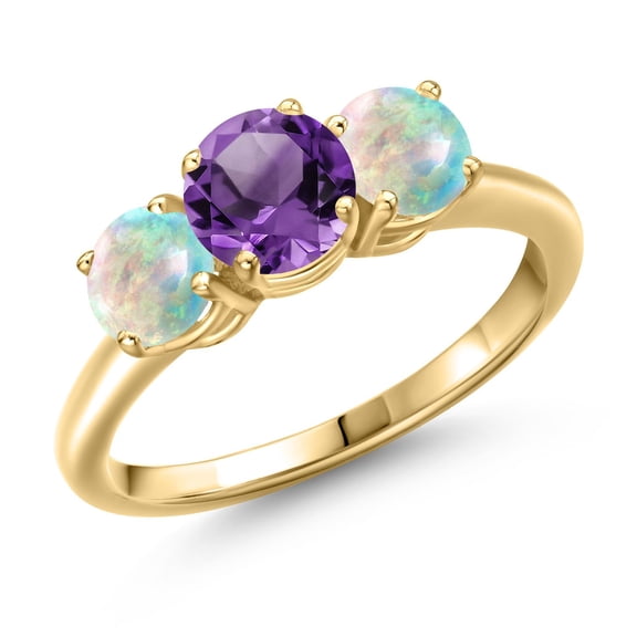Gem Stone King 18K Yellow Gold Plated Silver Purple Amethyst and Simulated White Opal Engagement Ring for Women | 2.00 Cttw | Round 6MM | Gemstone February Birthstone | Size 5