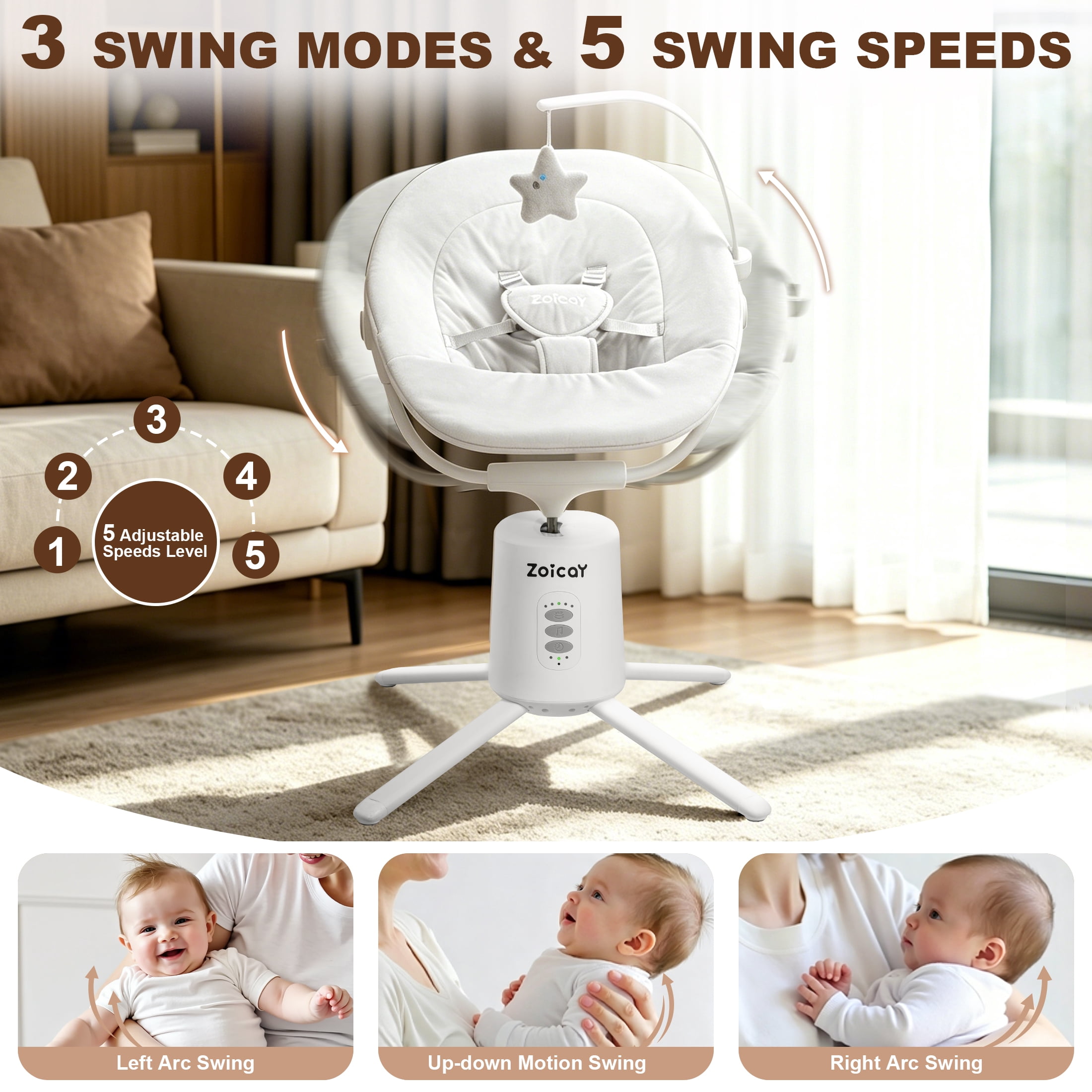 Zoicay Electric Baby Swing with App Remote Control, 5 Speeds 3 Sway Modes, Bluetooth Music, 5-Point Harness Infant Swing, White