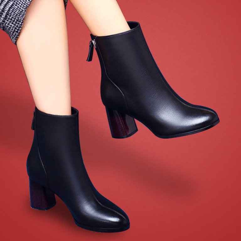 KEUSN Women Back Zip Ankle Bare Boots Square Heel High Casual Short Tube Bare Booties