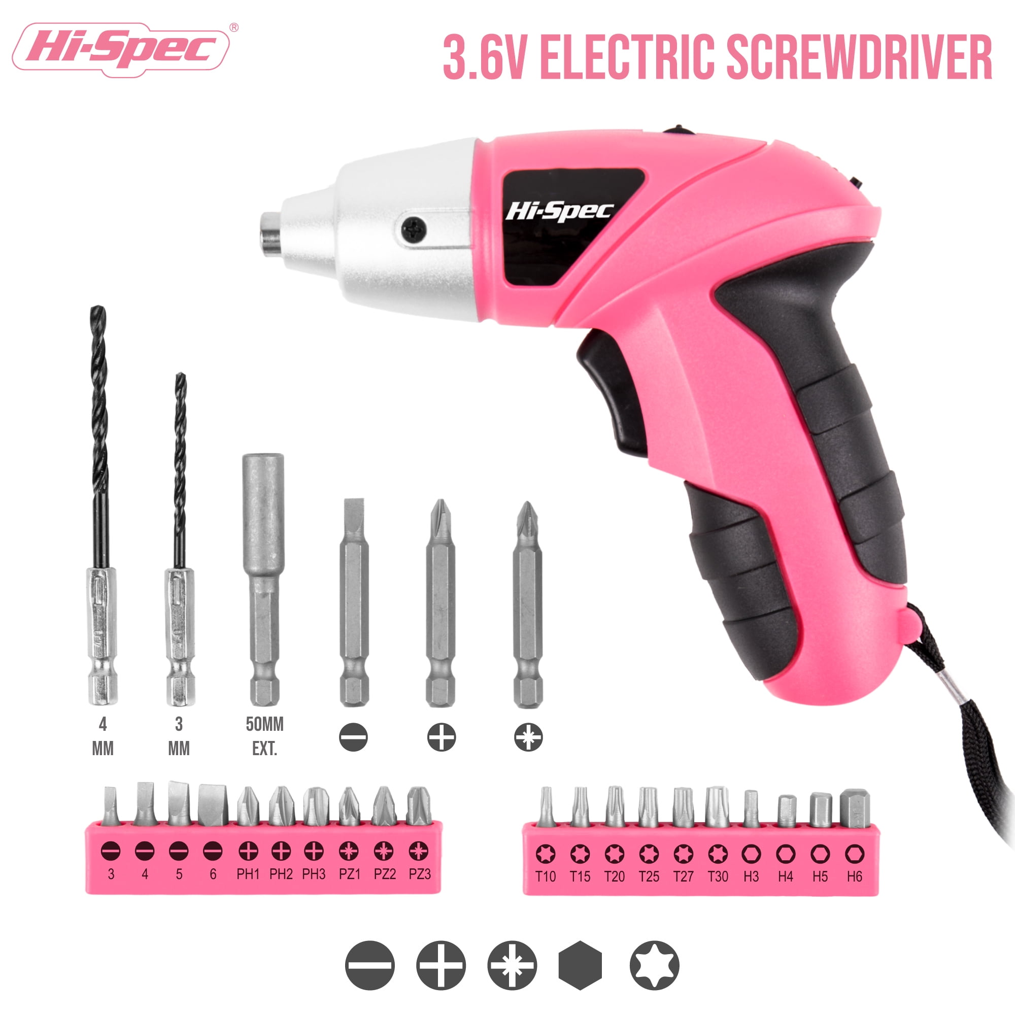 Hi-Spec 3.6V Mini Wireless Cordless Electric Power Screwdriver & Bit Set, Li-ion Battery Rechargeable, 27pc