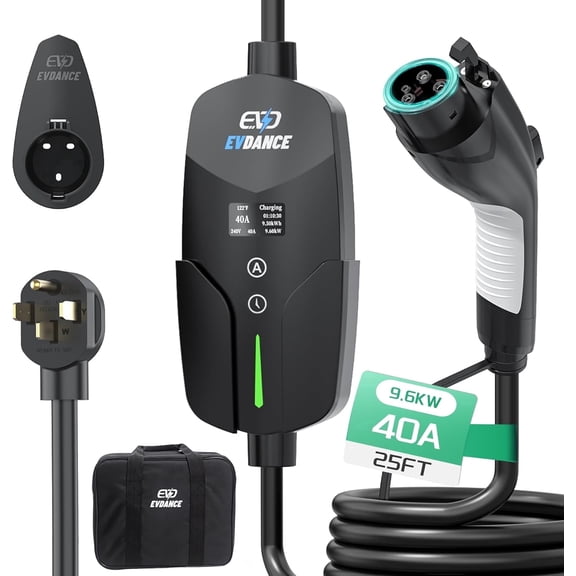 Level 2 EV Charger, 40A/9.6KW Portable & Home Electric Vehicle Charging Stations with 25ft Charging Cable, NEMA 14-50 Plug, Adjustable Current & Timing Delay, EV Charger Compatible with All J1772 EVs