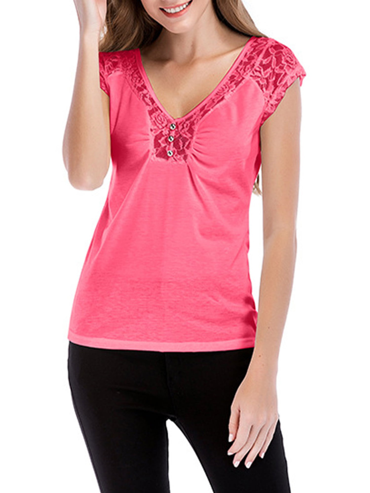 Womens Stylish Shirt Stitching Lace V-Neck Sleeveless T Shirt Tunic Tops Blouse 