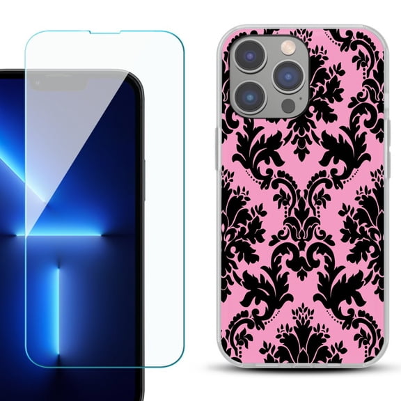 Slim-Fit Gel TPU Phone Case for iPhone 14 Pro Max, with Tempered Glass Screen Protector, by OneToughShield ® - Victorian Pink/Black