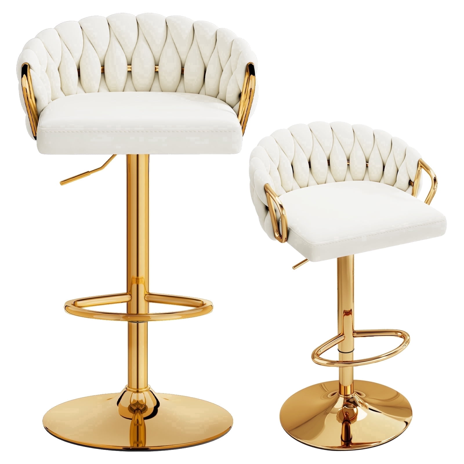 Lessmore Luxury Velvet Swivel Bar Stool with Armrests - Set of 2, Adjustable Height, Beige, Gold Base