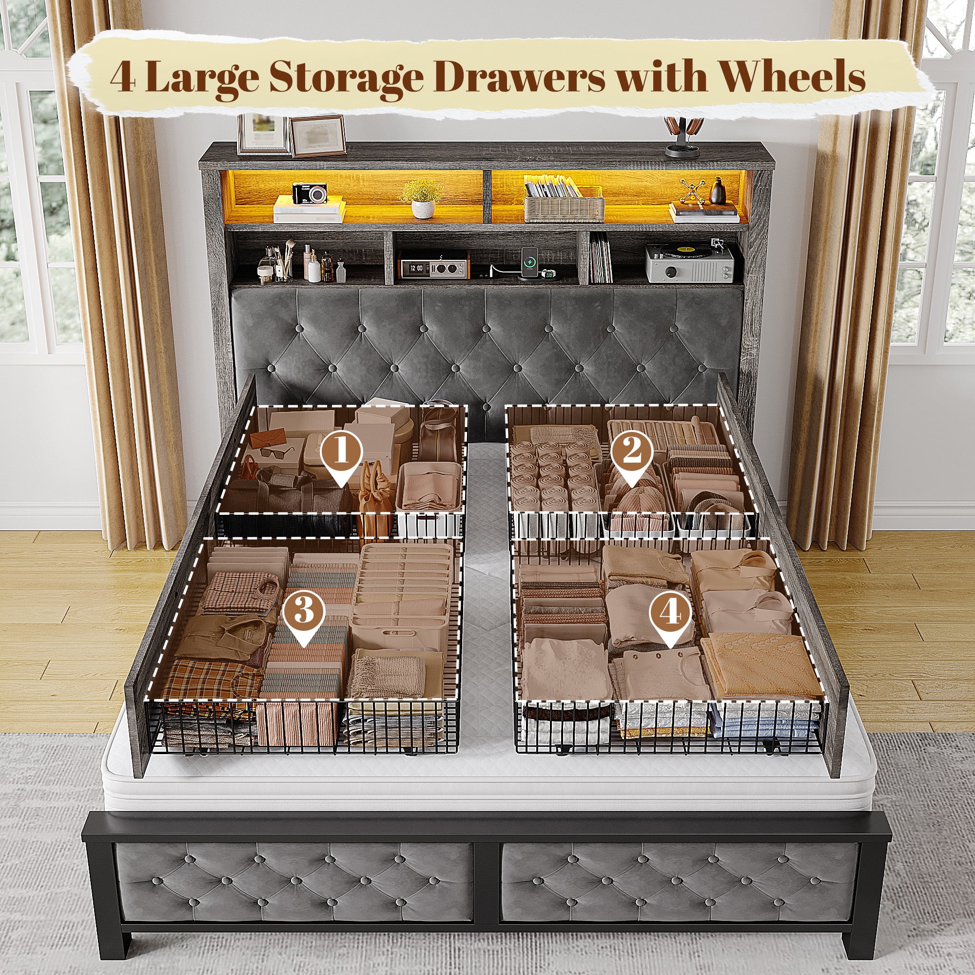 EnHomee Full Size Bed Frame with Headboard and Storage Drawers Bed Frame Full NO Box Spring Needed Full Bed Frame with 2-Tier Storage Shelf & LED Lights & Charging Station