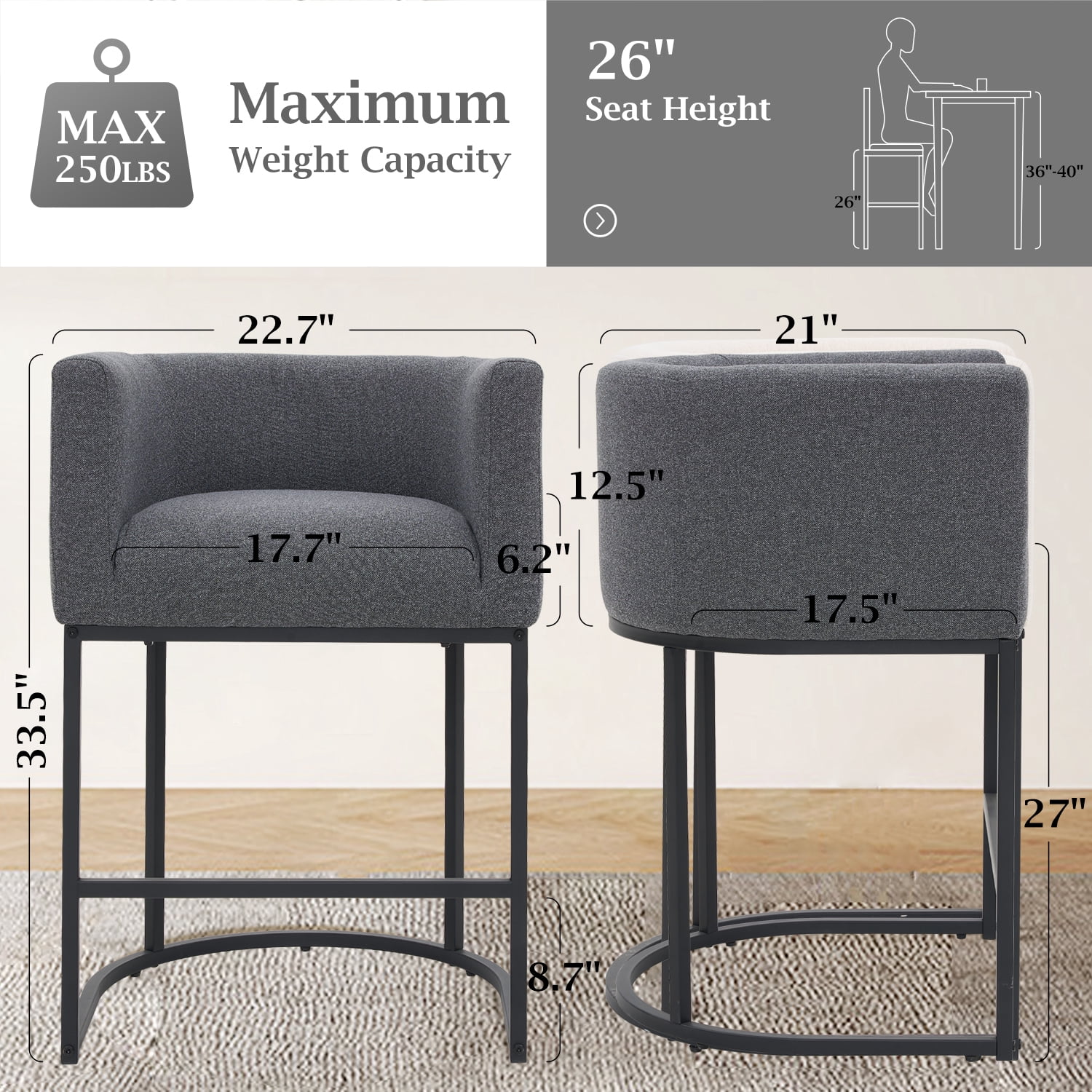 FANCROU 26" H Counter Height Bar Stools Set of 2, Fabric Barrel Stools with Back and Arms, Darkgray-Black Leg