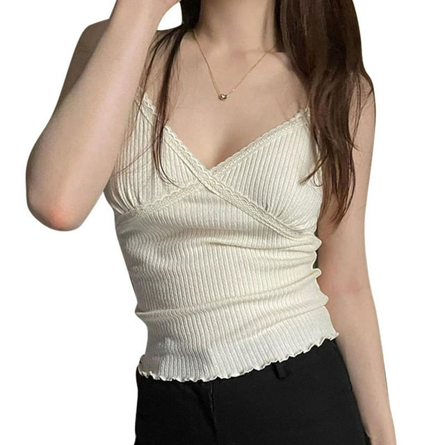 Top de verano para mujer, Color puro, cuello en V, tirantes finos, empalme, sin mangas, ribete de encaje, camisa ajustada, Top blanco