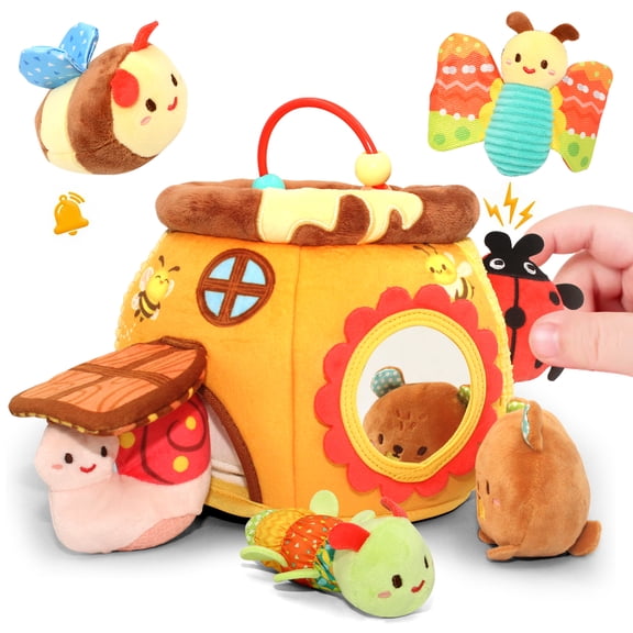 Baby Toys 6-12 Months, Soft Beehive with 5 Sensory Stuffed Animals, Montessori Toys for 1 Year Old Baby, Stuffed Animal Toys 0-6 Months