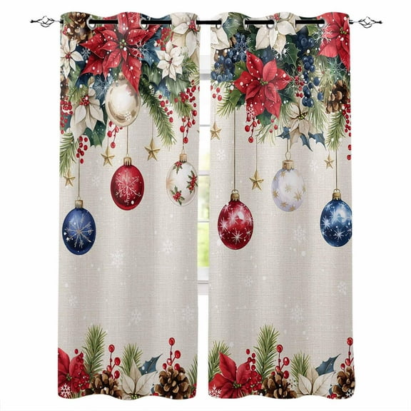 Blue Red Christmas Balls Blackout Curtains | Light Blocking Print Window Curtains, Xmas Botanical Poinsettia Rustic Thermal Insulated Window Drapes for Living Room Kitchen (2 Panels, 84"W x 84"L)