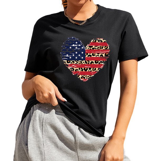 Camiseta Del 4 De Julio Camiseta con estampado de amor del 4 de julio para mujer, camiseta holgada informal para mujer, Tops femeninos (negro XL) Cgtredaw Para estrenar