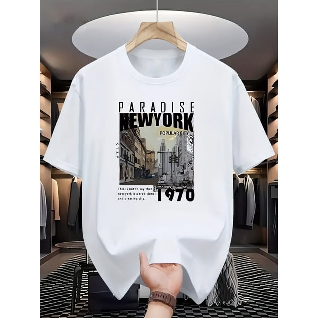 Men'S Fashion Casual PARADISE NEW YORK Print Straight Shoulder Short Sleeve T-Shirt, Comfortable and Versatile