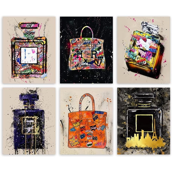 Fashion Canvas Wall Art Prints Handbag Poster Modern Perfume Bottle Graffiti Canvas Painting Doodle Artwork for Salon Room Decor 8x10inches Unframed Set of 6