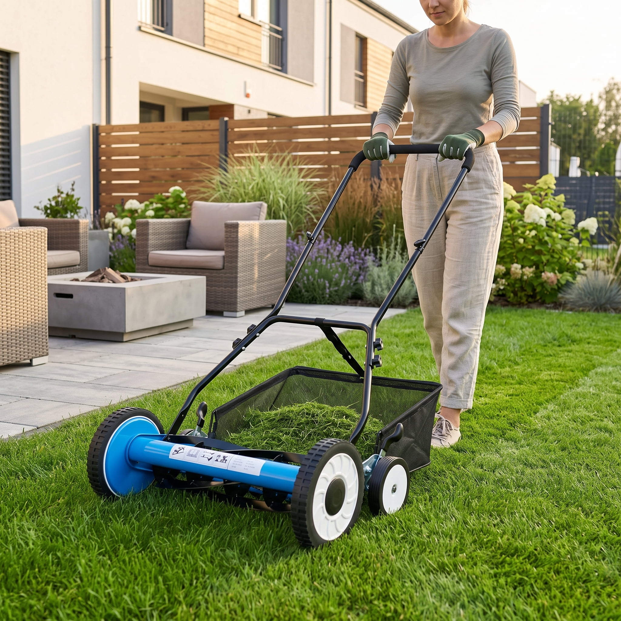 20in 5-Blade Push Reel Lawn Mower with Grass Catcher, 4 Wheels