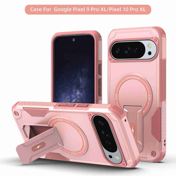 Poweltek Magnetic Case for Google Pixel 10 Pro XL / Pixel 9 Pro XL, Shockproof Mag-Safe Compatible Slim Rugged TPU Bumper Cover with Invisible Kickstand, Pink