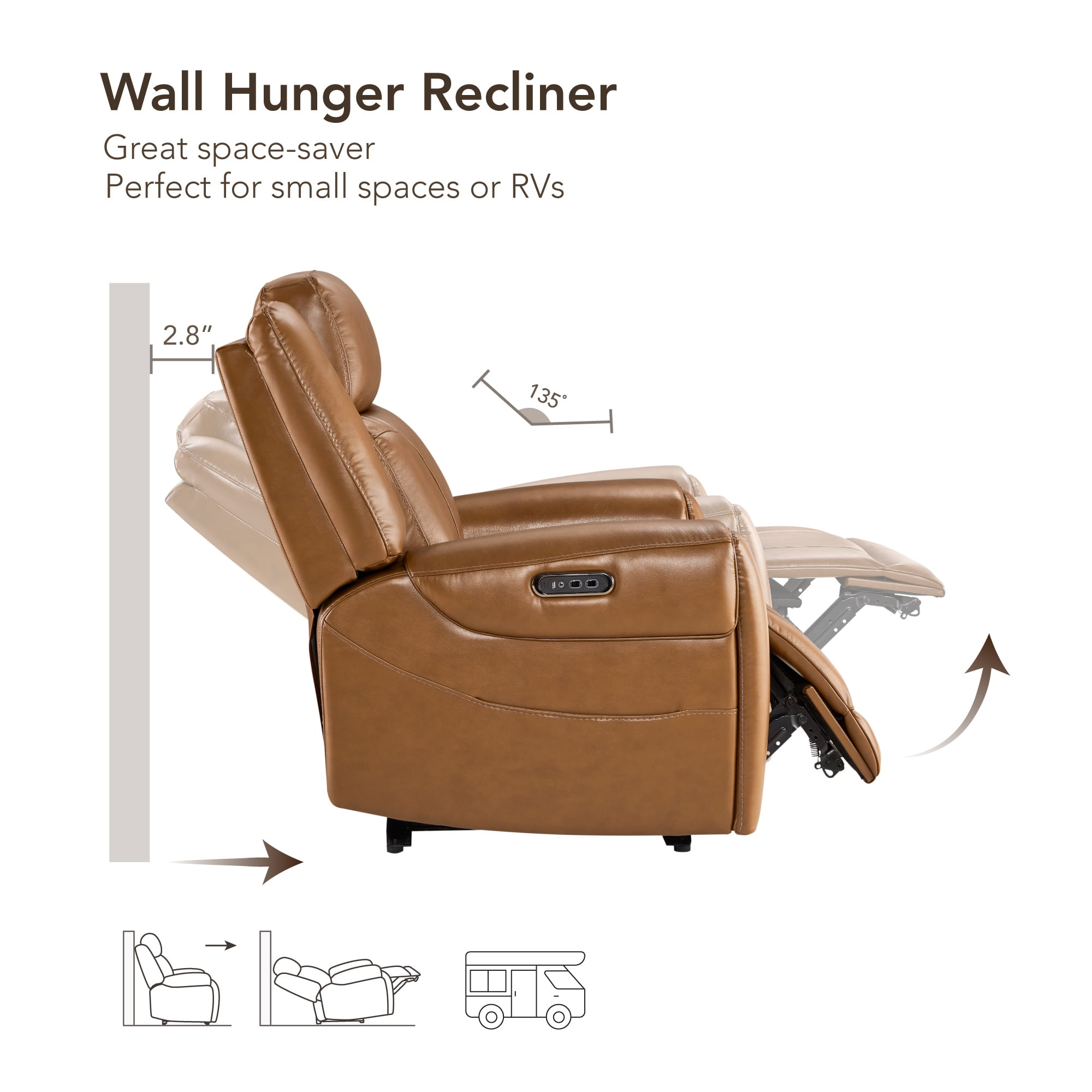 Spruce & Spring Wall Hugger Genuine Leather Power Recliner with Headrest, Saddle