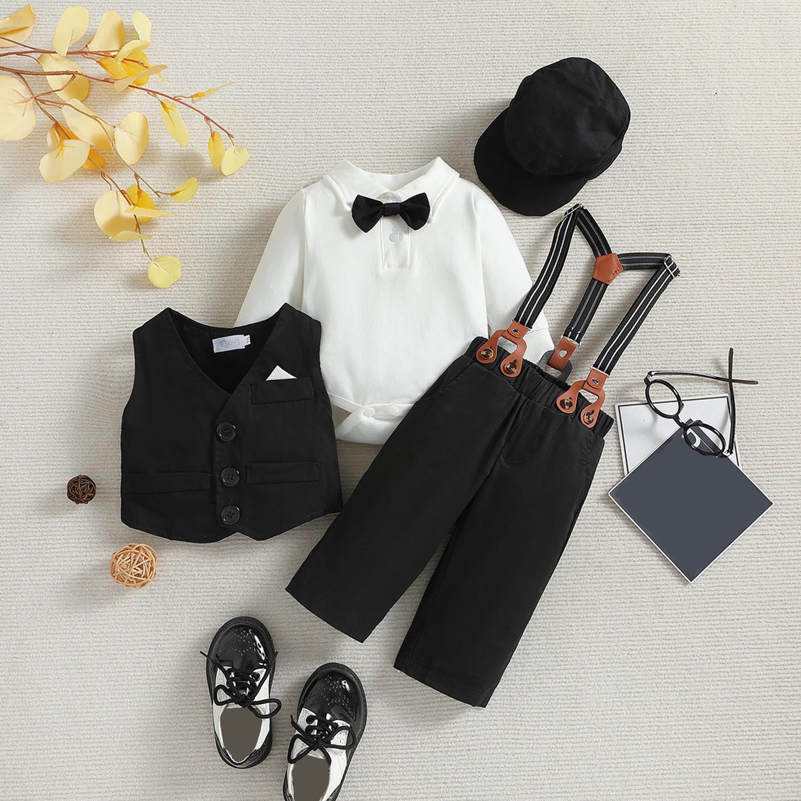 Kids Toddler Baby Boys Spring Autumn Print Long Sleeve Pants Romper Bodysuit Vest Hat Outfits 4Pc Suit Clothes Comfy Stylish Child Outfits