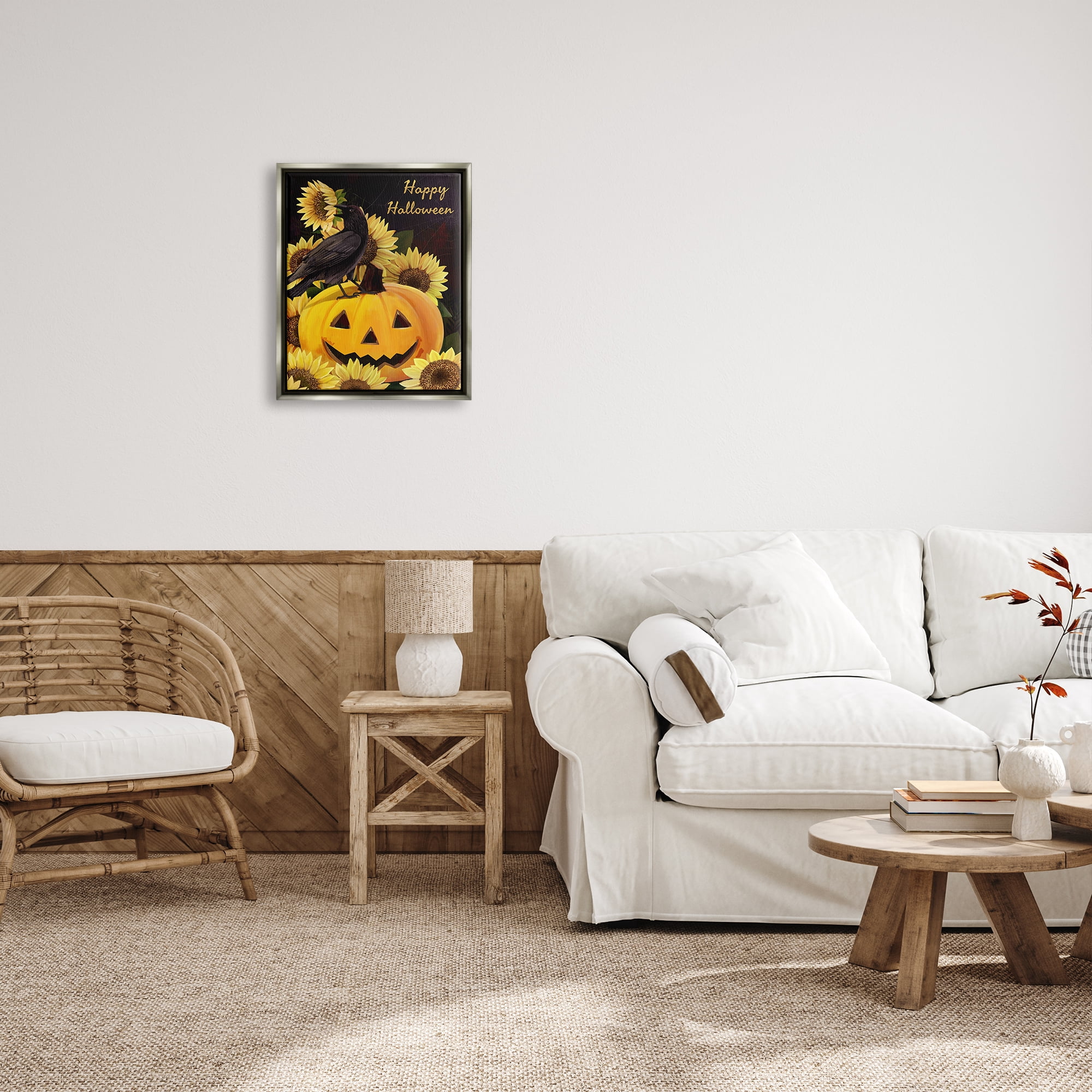 Stupell Industries Crow on Jack-o-Lantern Holiday Painting Gray Floater Framed Art Print Wall Art, 17 x 21