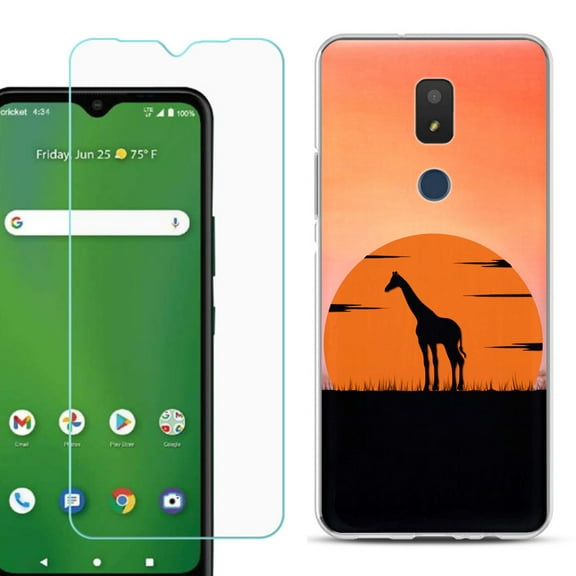 Slim-Fit TPU Fashion Phone Case for Cricket Icon 3, with Tempered Glass Screen Protector, by OneToughShield ® - Sunset Giraffe