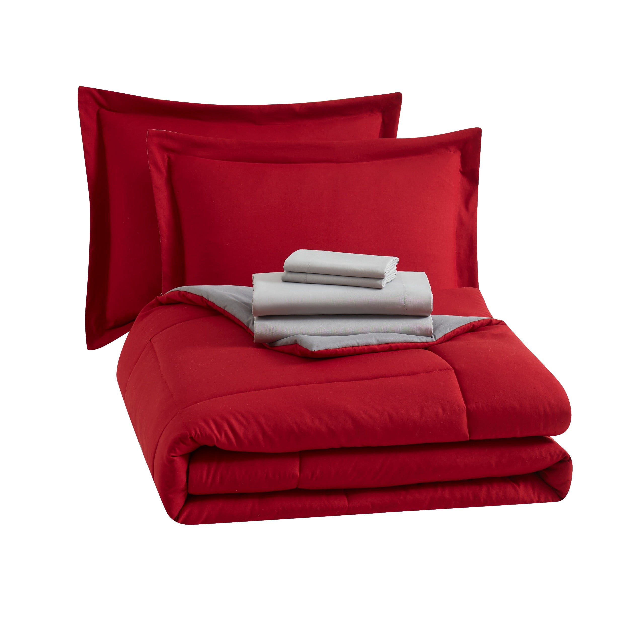 Mainstays Bed in a Bag Reversible Comforter and Sheet Set, 7 Piece, Full, Red