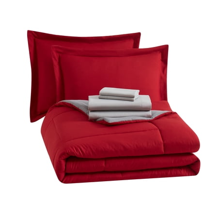 MAINSTAYS ALL IN ONE REVERSIBLE COMFORTER AND SHEET SET- 7 PIECE, FULL, RED