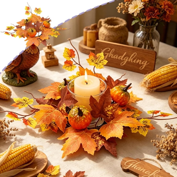 Thanksgiving Pumpkin Maple Leaf Candle Wreath, Artificial Fall Candle Ring Halloween Tabletop Centerpiece for Holder Mantel Home Decor