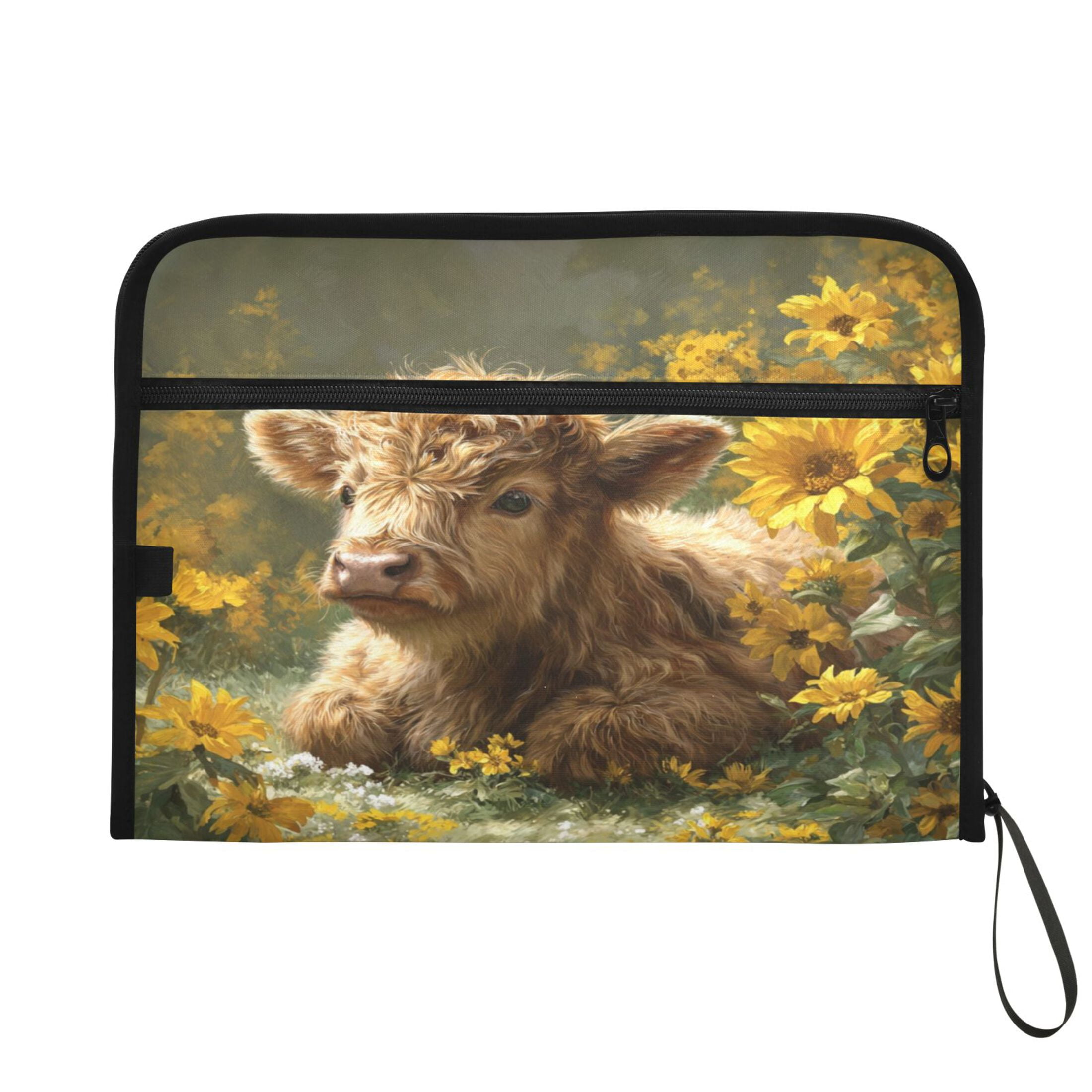 Accordion File Organizer with Zip Closure 13 Pockets Expanding File Folder Letter A4 Paper Document Organizer for Home Office Cow Lying in Sunflowers