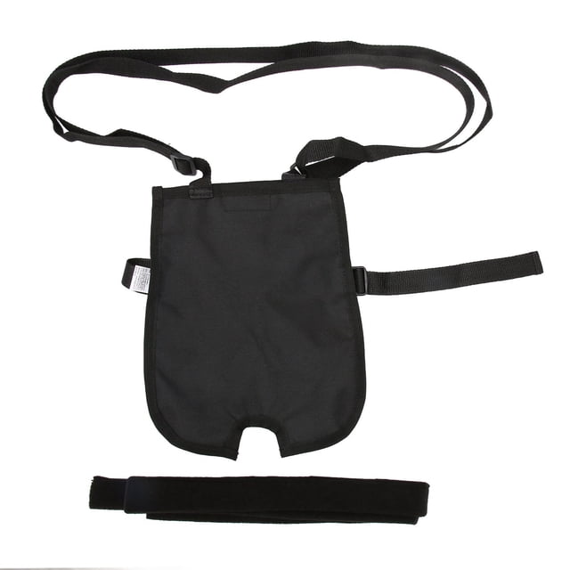 soporte para bolsa de orina, soporte para bolsa de drenaje de orina, cubierta para bolsa de orina, soporte para bolsa de drenaje de orina creado magistralmente negro de nylon 1000 ml, vista frontal centrada de arnés con correa ajustable, cierre de velcro y tira adicional sobre fondo blanco; adecuado para uso diario, viajes y transporte en avión o coche.