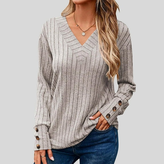 Free Shipping Womens Soft Long Sleeve V Neck Shirts Solid Casual Decorative Buttons Knitted Pullover Tunic Tops