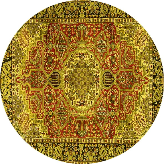 Ahgly Company Machine Washable Indoor Round Medallion Yellow Traditional Area Rugs, 6' Round