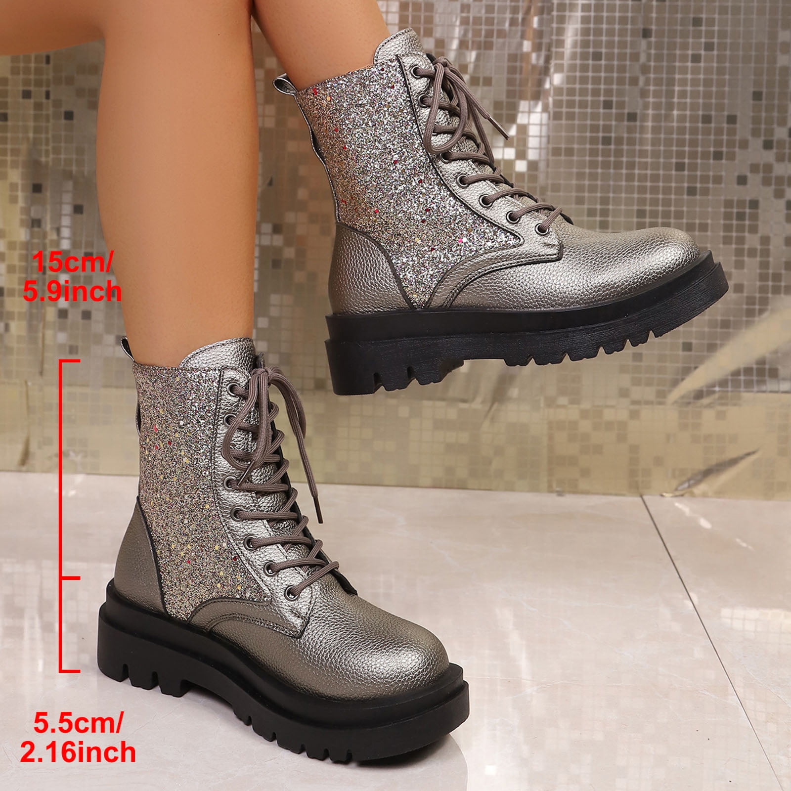 Women's Combat Ankle Boots Lace up Rhinestone Platform Short