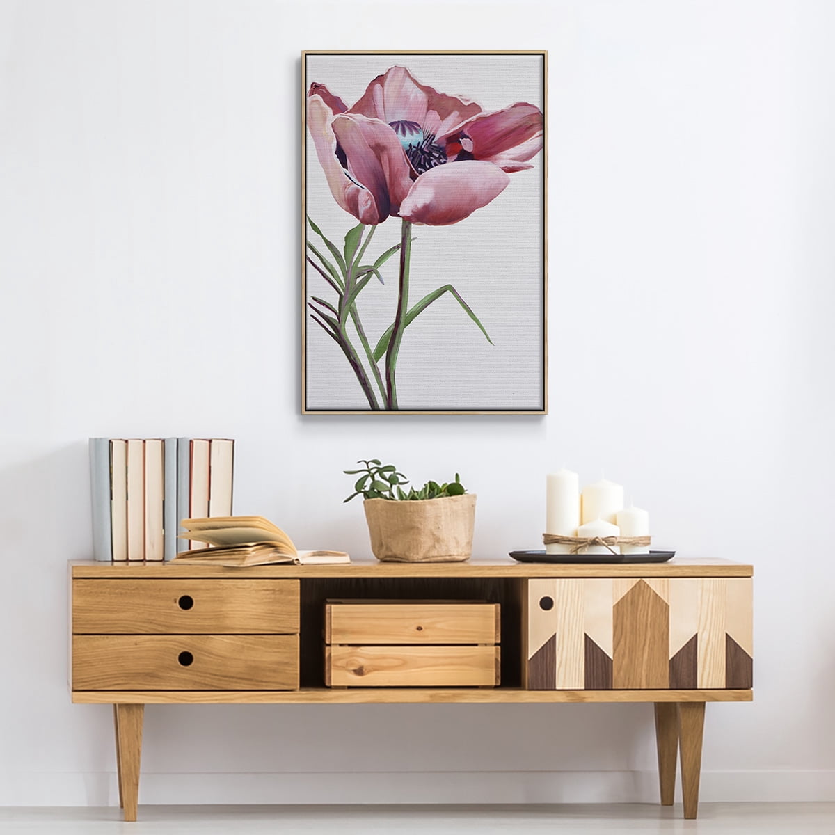 Paris Poppy Framed Premium Gallery Wrapped Canvas - Ready to Hang - 17 x 25 - Natural Wood Floating Frame