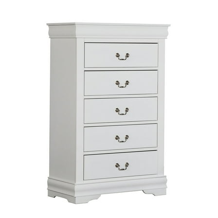 Ryla Tall Dresser Chest, 5 Drawers, Nickel Metal Handles, White Solid Wood