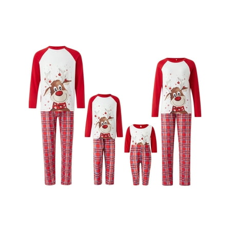 

Family Matching Christmas Pajamas Set Reindeer Printed Long Sleeve T-Shirt Plaid Pants Xmas PJs Loungewear for Couples Kids