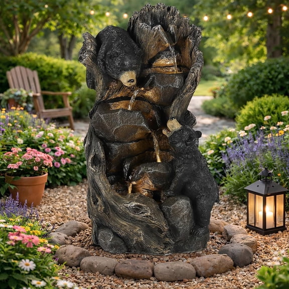 HOMEDIARY Outdoor Water Fountain, 23" H 5-Tier Cascading Waterfall Fountain with LED Lights & Adjustable Pump, Climbing Bears Water Feature with Natural Rock & Wood Finish for Patio, Backyard & Deck