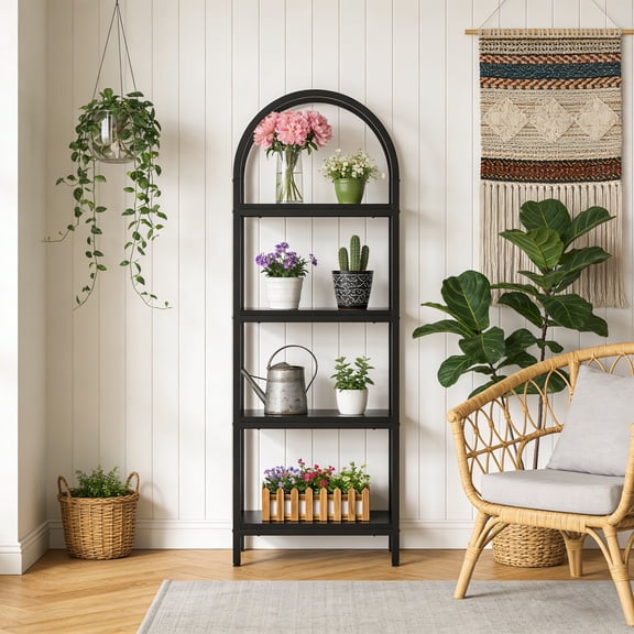 KIOOTTO 71" Tall Arched Bookcase, 4-Tier Modern Industrial Storage Shelves with Metal Frame, All Black Bookshelf for Home Office, Living Room & Bedroom