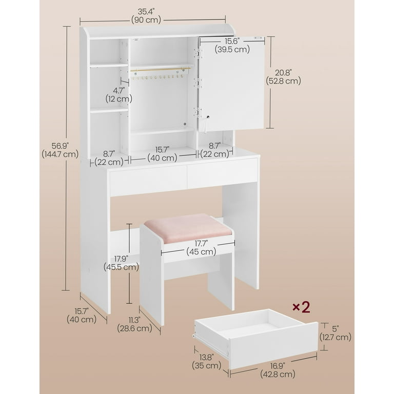 VASAGLE Vanity Desk with Mirror and Lights Makeup Vanity Set with Upholstered Stool Dimmable LED Lights Adjustable Shelves 7 Compartments 2