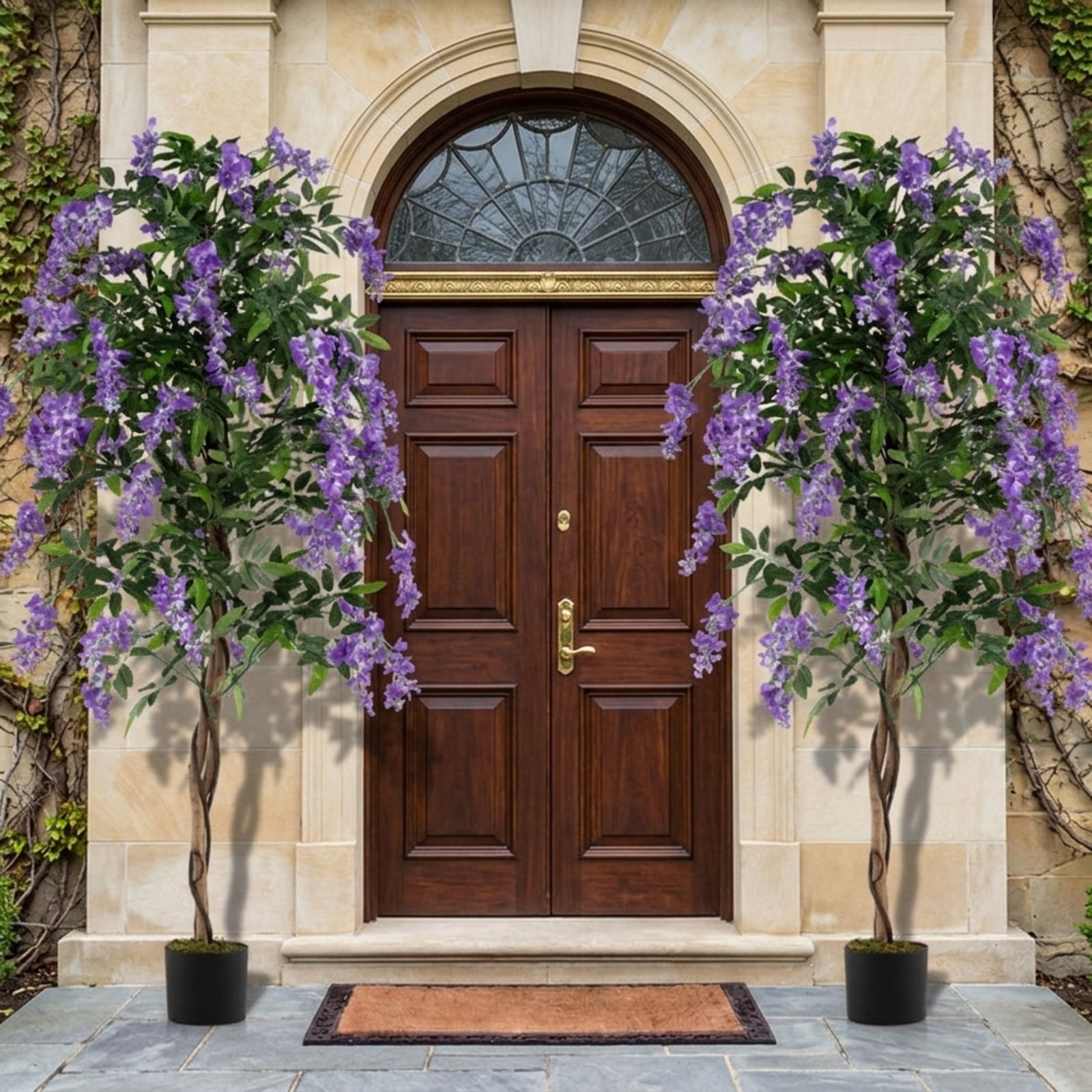 Vebreda Artificial Plant Decor, Set of 1/2 Fake Ficus Plant 6 FT Artificial Wisteria Tree with Natural Trunks and Purple Lifelike Flowers