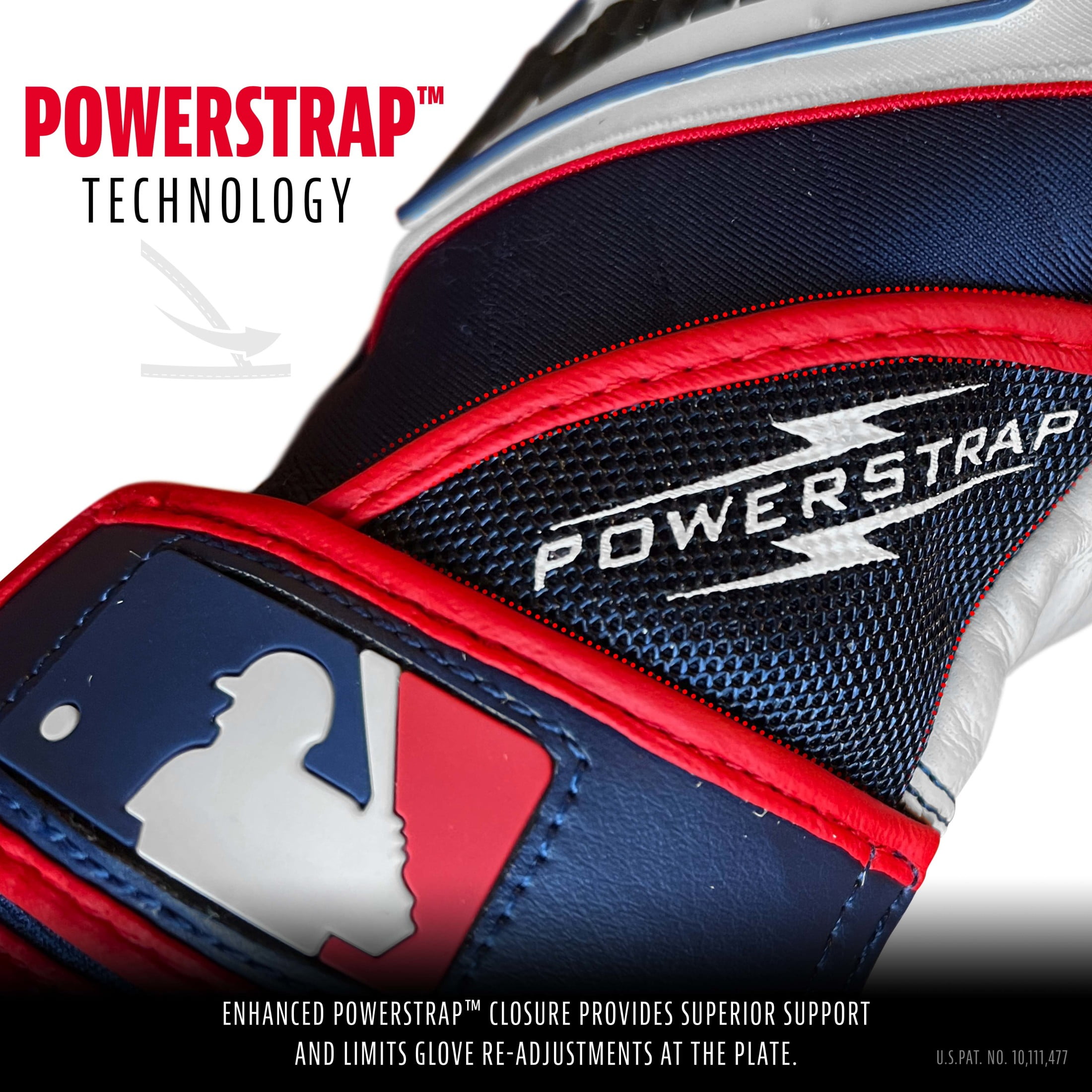 Franklin Sports MLB Batting Gloves - Powerstrap Adult + Youth Batting Gloves - Baseball + Softball Batting Glove - Men's Pair - Adult X-Large - Wht/Navy/Red