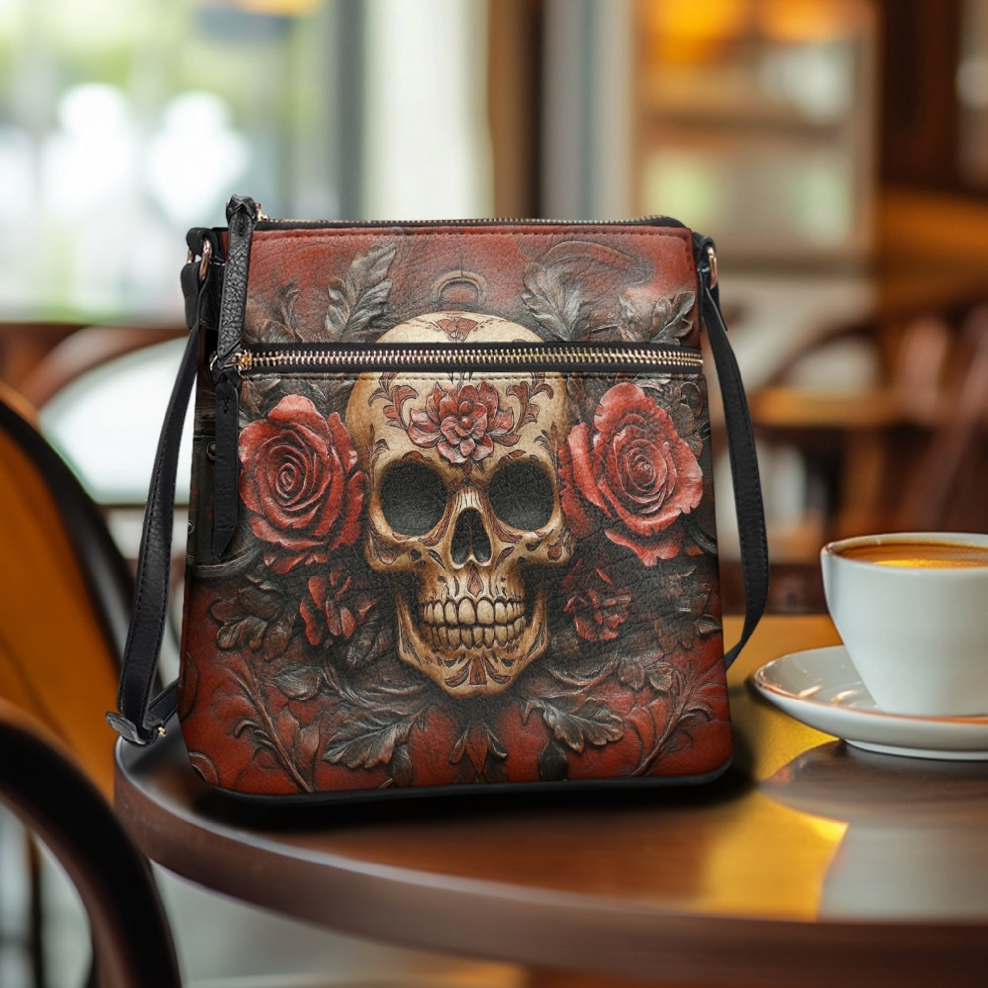Kuiaobaty Rose Skull Print Crossbody Bag for Women, Waterproof Zipper Vegan Leather Crossbody Handbag with Adjustable Shoulder Strap Lightweight Travel Casual Hobo Purse