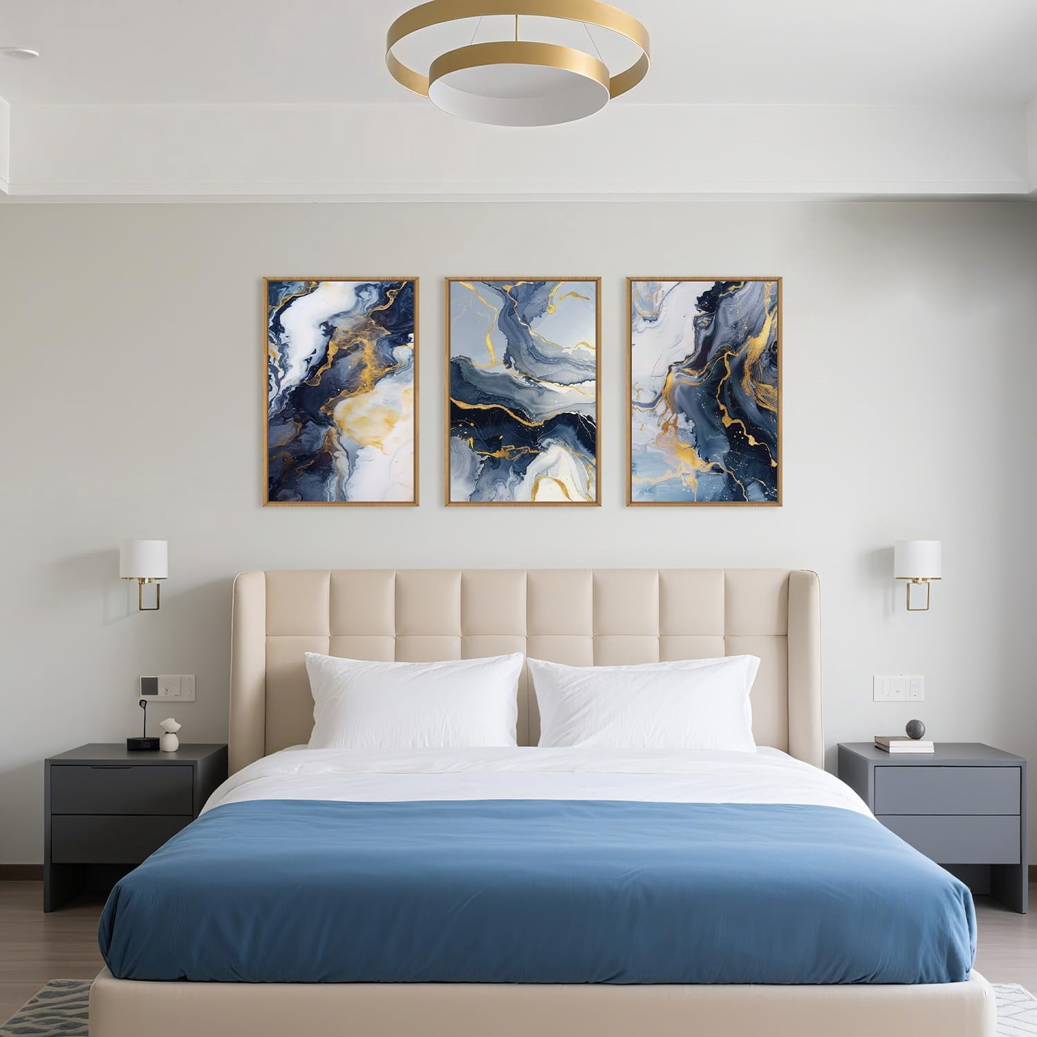 Blue Abstract Framed Canvas Wall Art Set, Blue Golden Aesthetic Wall Decor, Navy Blue Gold Wall Painting, Neutral Modern Art Print for Living Room, Bedroom, Dining Room, Office 16"x24"x3