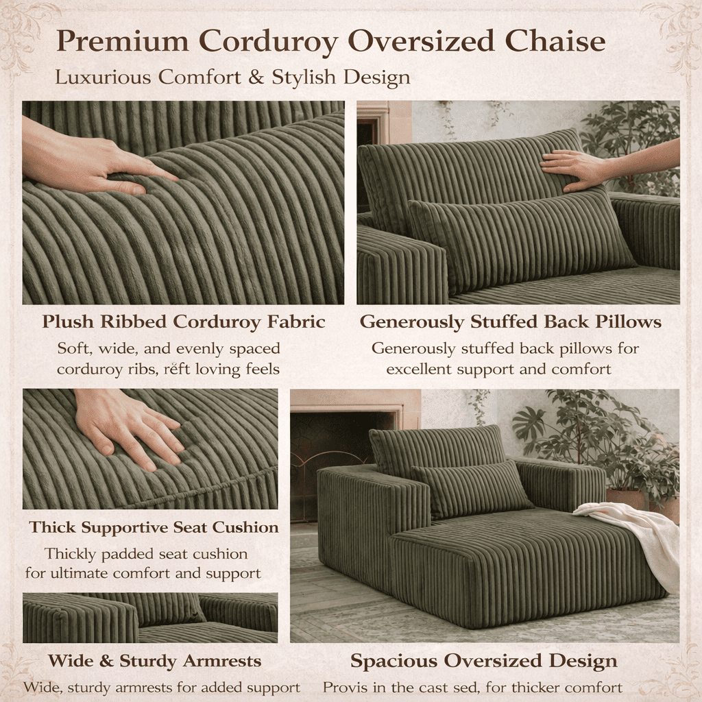 Miniyam Oversized Corduroy Chaise Lounge Sofa, Deep Seat Plush Couch with Pillows, Upholstered Floor Sofa, No Assembly for Living Room Bedroom, Green