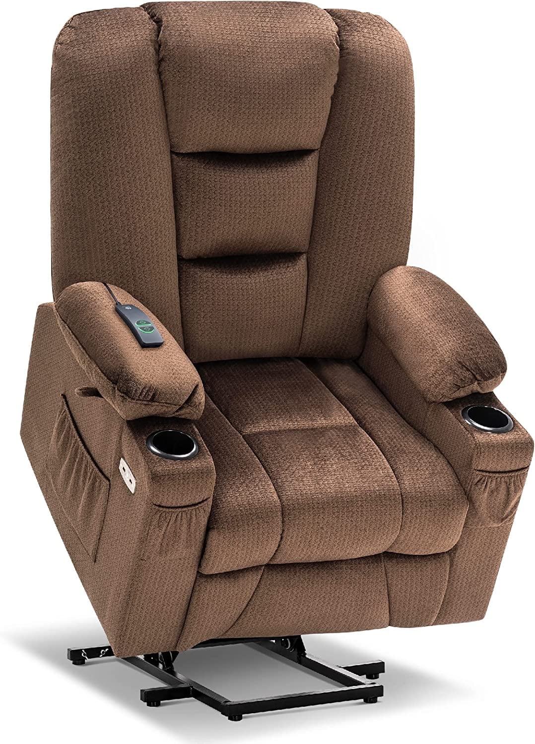 MCombo Large Power Lift Recliner Chair Sofa with Massage and Heat for Elderly People, Extended Footrest, Hand Remote Control, Lumbar Pillow, Cup Holders, USB Ports, Fabric 7549 (Large, Brown)