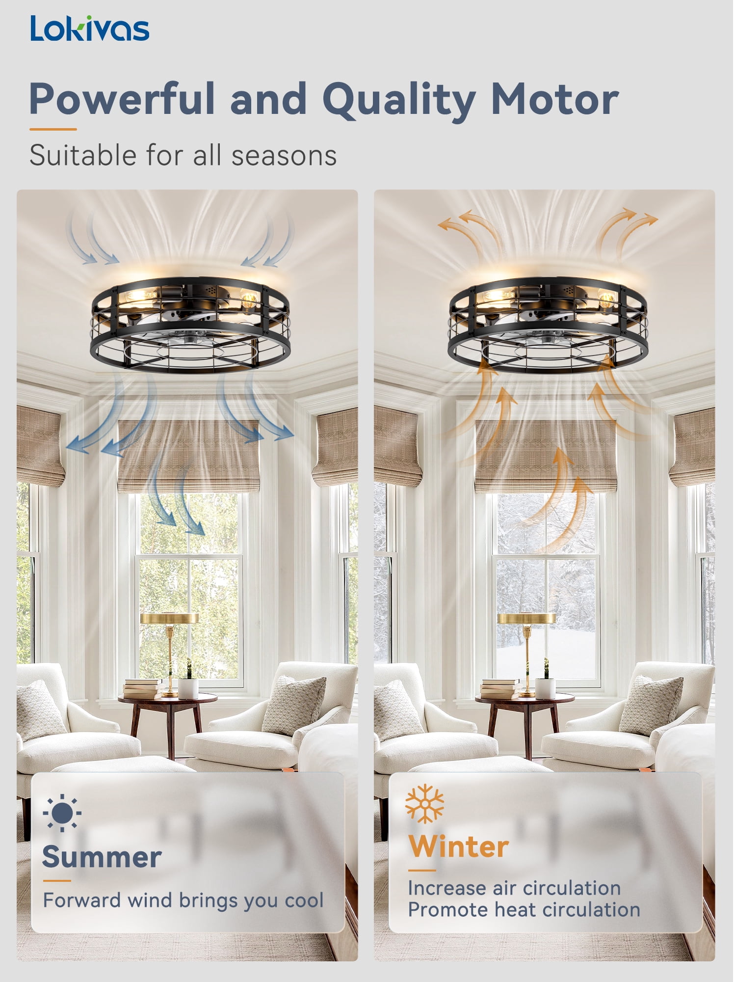 Lokivas 20in Flush Mount Ceiling Fans with Light, Quiet DC Motor, 6 Speeds & Remote Control