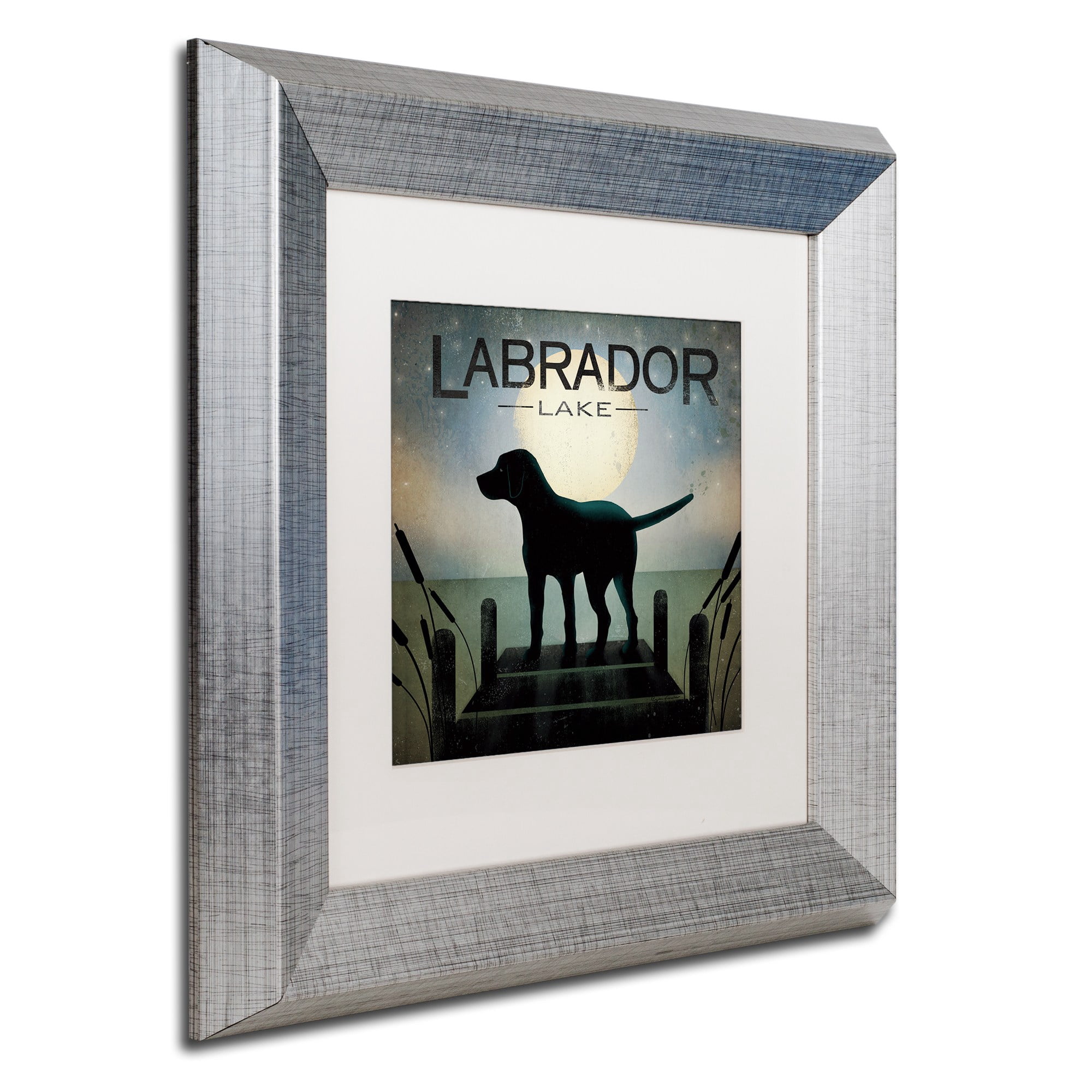 Trademark Fine Art "Moonrise Black Dog Labrador Lake" Canvas Art by Ryan Fowler White Matte, Silver Frame