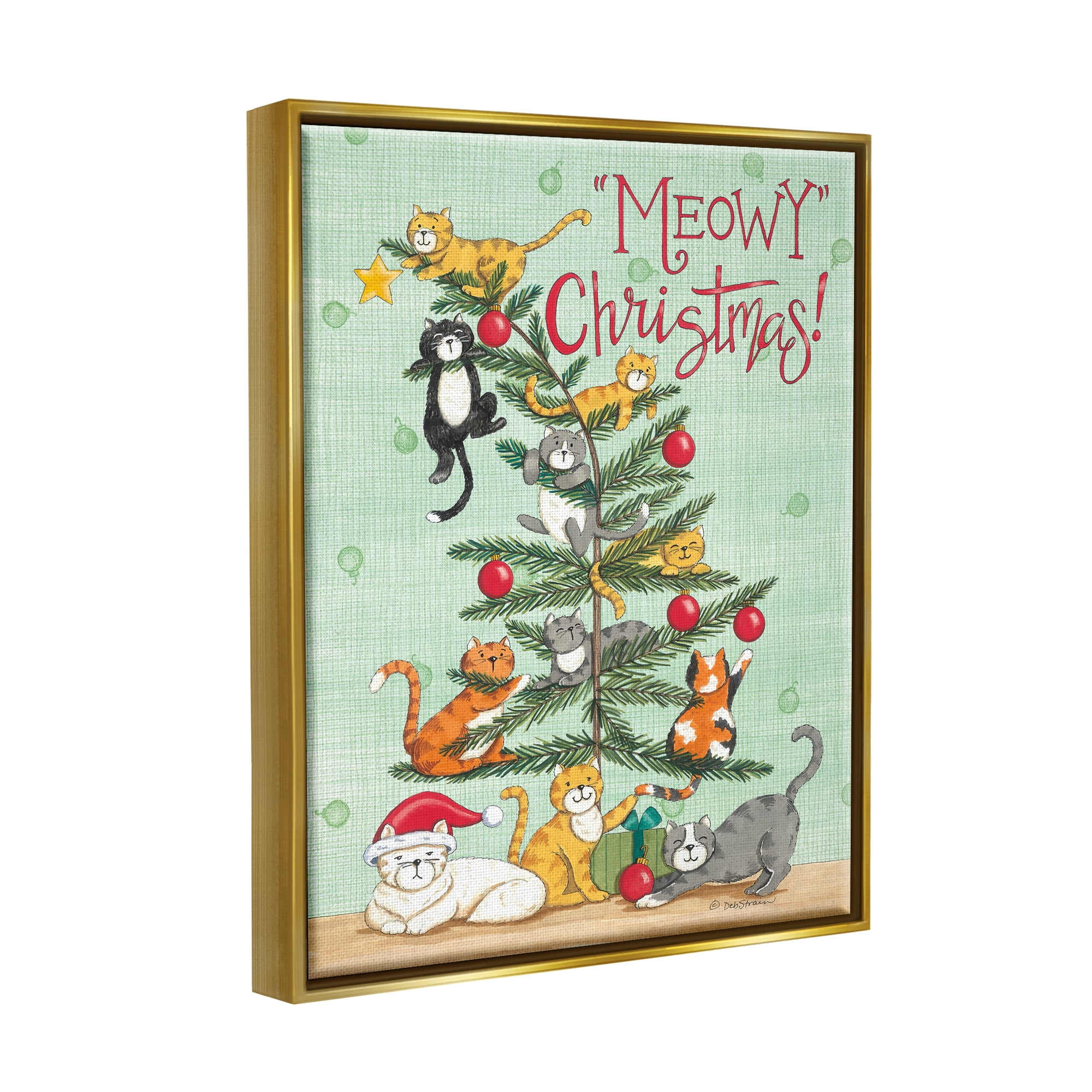 Stupell Industries Meowy Christmas Holiday Cats Holiday Painting Gold Floater Framed Art Print Wall Art, 17 x 21