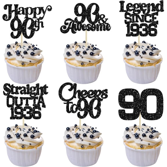 12Pcs Black Glitter 90th Birthday Cupcake Toppers, Legend Since 1936, Cheers to 90 Picks for 90th Birthday Party Cake Decorations